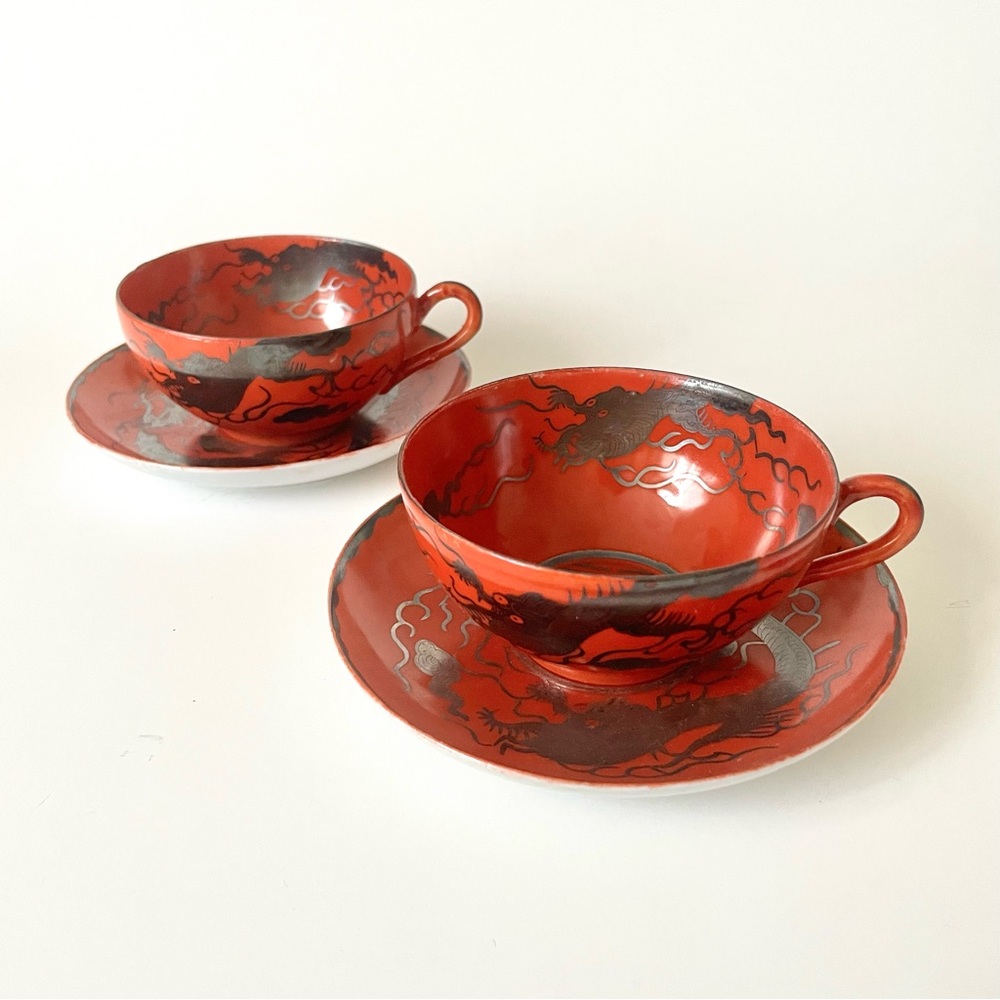 1880s Eiraku Meiji-Era Kutani Dragon Teacups & Saucers, Eggshell Porcelain
